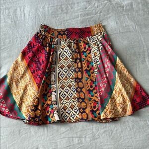 Multicolor Bohemian Print Silk Skirt by Viola w/ Scarlet Waist Tie & Teal Liner